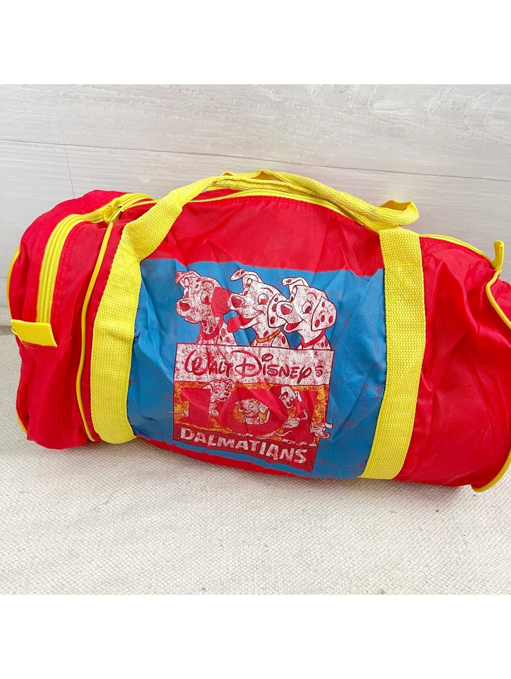 Vintage 90s Disney 101 Dalmatians Red Yellow Duffel Gym Bag 19” Distressed